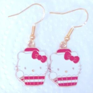 Hello Kitty Red Bow Cap in Red Cupcake Dangle Earrings Gold Enamel Stainless S…